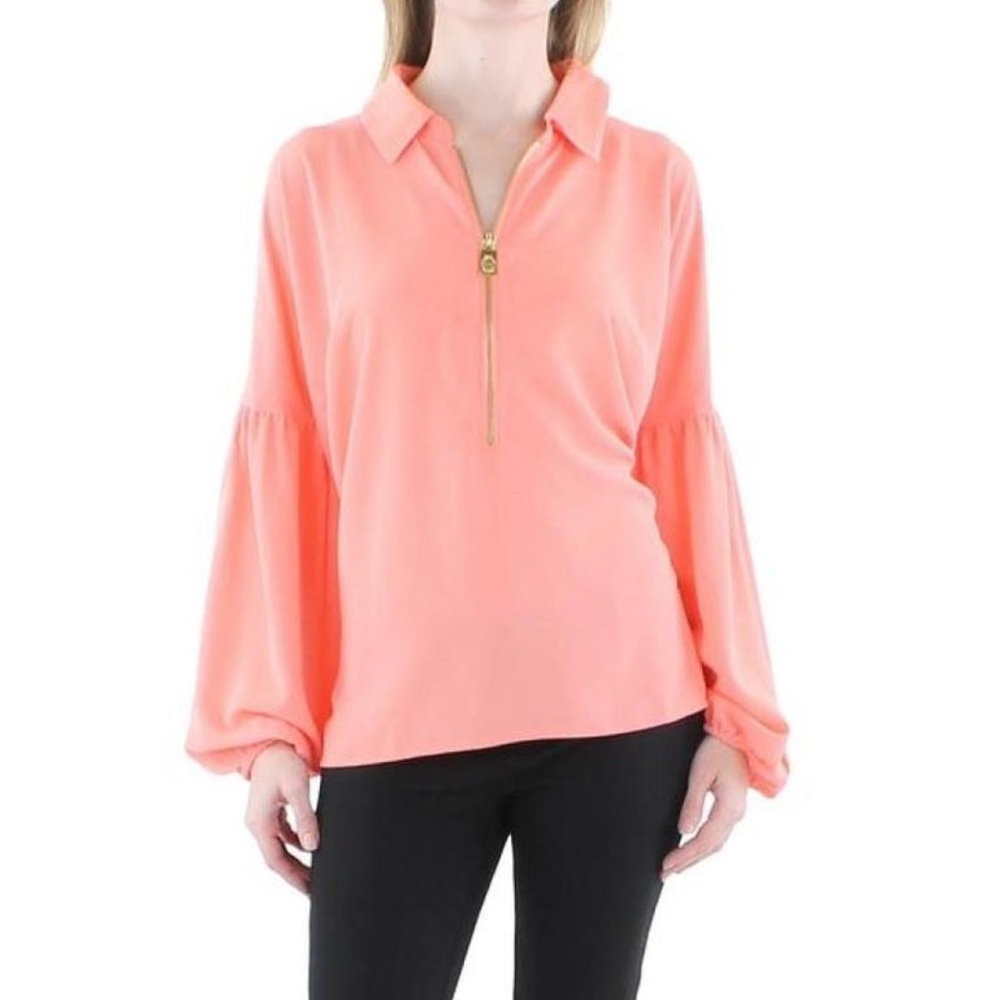 MICHAEL Michael Kors Half Zip Wide Sleeve Blouse in Grapefruit Small